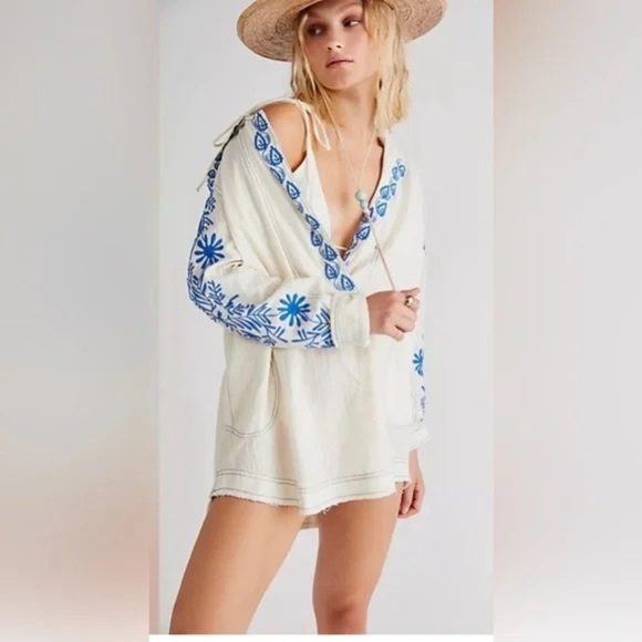Free People Tops - Free People Cream Hoodie with Blue Floral Embroidery